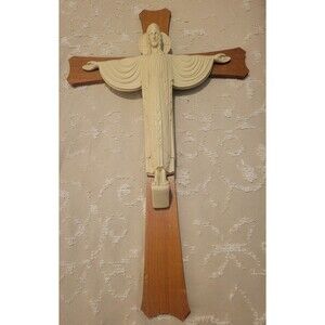 Vintage Mid-Century Modern Crucifix Painted Metal On Wood 24" X 15" *READ*